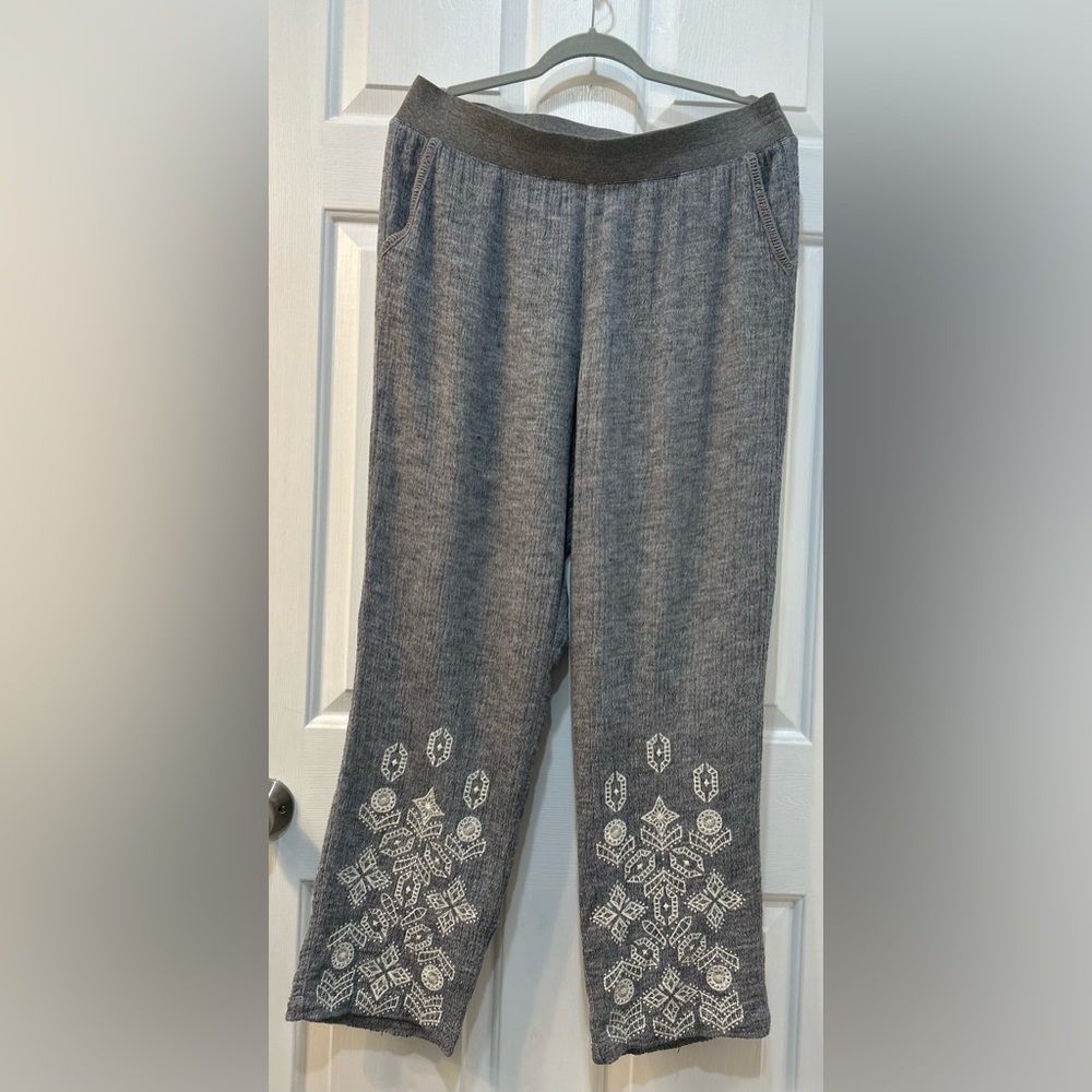 Soft Surroundings Cotton Linen Shoreline Embroidered Pants Size L Gauzy Cottage‎